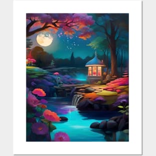 Enchanted Evening at a Tranquil Riverside Gazebo Under a Full Moon Posters and Art